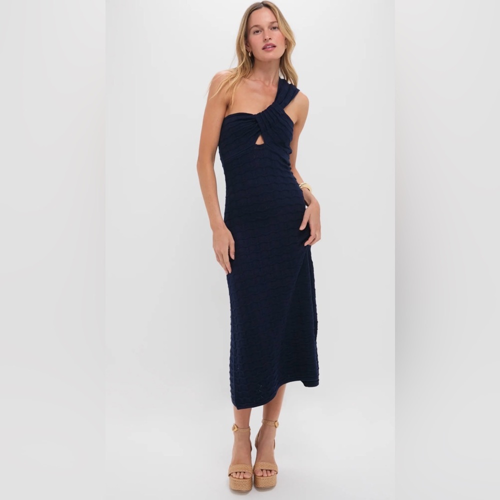 Hyacinth House Chic One Shoulder Navy Dress with tags attached